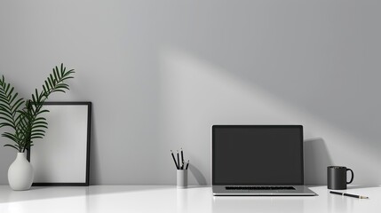 A white desk with a black coffee mug, a framed picture, a tablet, and a plant in a vase
