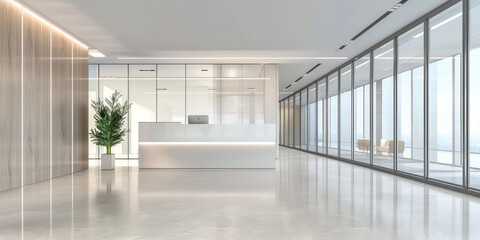 Reception desk and corridor hall in empty modern office or hotel. Business corporate background for branding, web and presentation