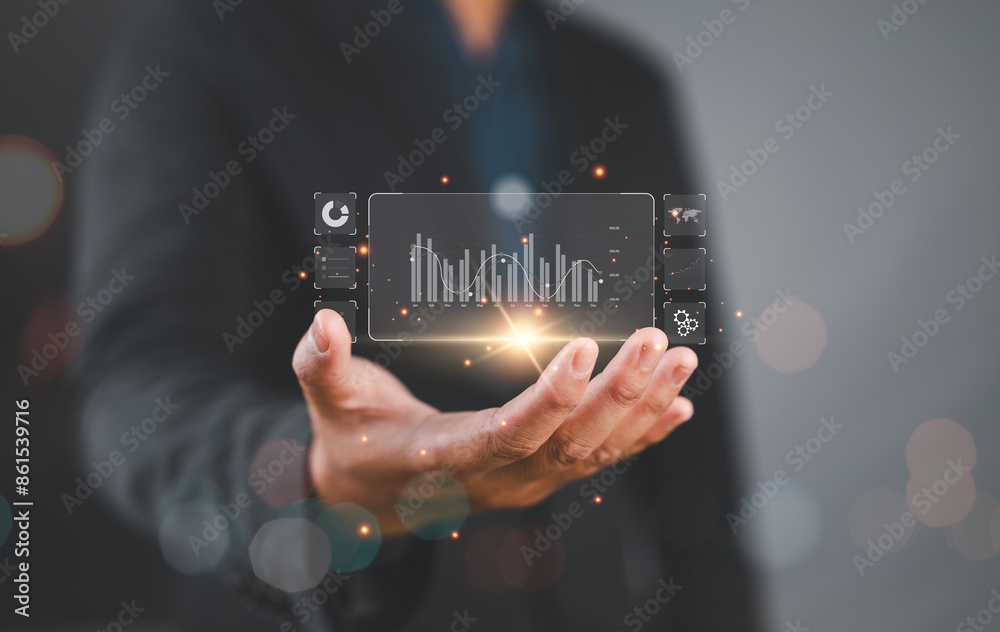 Aufkleber businessman or analyst working with business analytics and data management system on virtual screen,