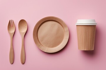 Disposable paper dishes on pink background. A paper plate and a wooden spoon with a fork. Ecology. Secondary use.