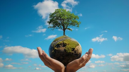 Hands Holding Earth with Growing Tree Against Blue Sky