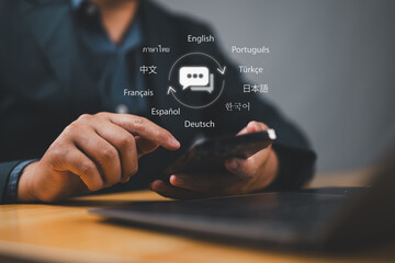 Translator app, language course and e-learning concept. Person use smartphone with Translator app,...