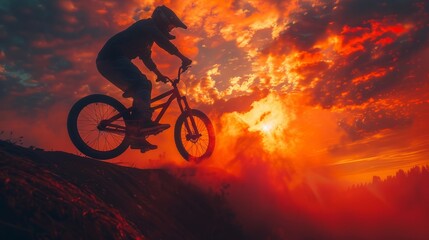 Silhouette of cyclist performing stunt at sunset