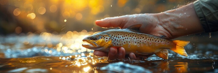 Serene nature scene: Hand holding freshly caught fish in sparkling stream with golden sunlight reflections