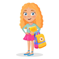 Cute cartoon curly girl character with backpack and book.
