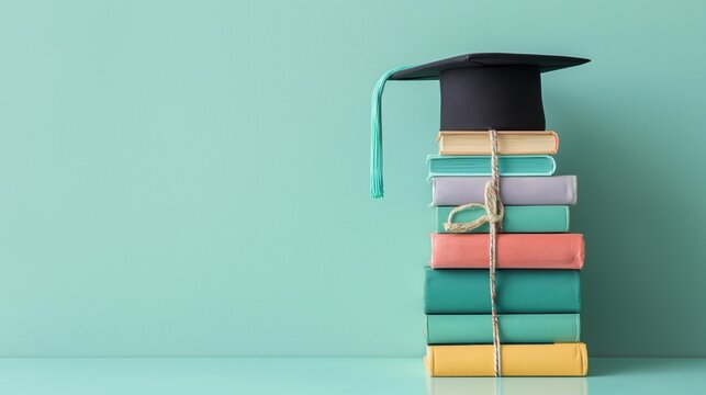Stack of Colorful Books Topped with a Graduation Cap Against Solid Background