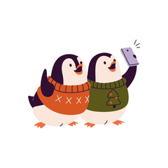 Cute penguins in Xmas sweaters take joint photo. Happy north birds do Christmas selfie together. Funny polar animals do snapshot by phone in winter holidays. Flat isolated vector illustration on white