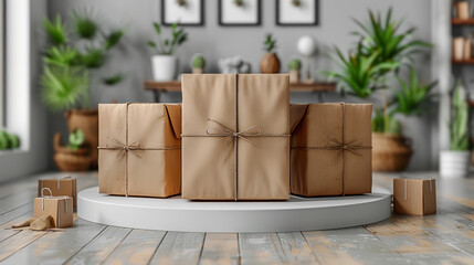 Large gift boxes on white podium in the middle of a spacious room.