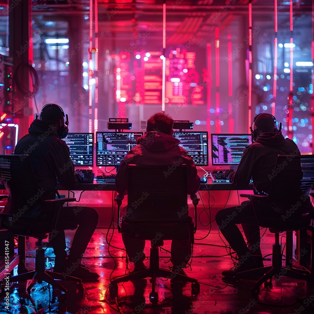 Poster hacker team collaborating on complex hacking project in neon lit underground lab