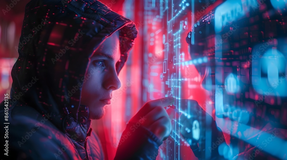 Poster futuristic hacker breaking into high tech security system with glowing virtual locks and keys