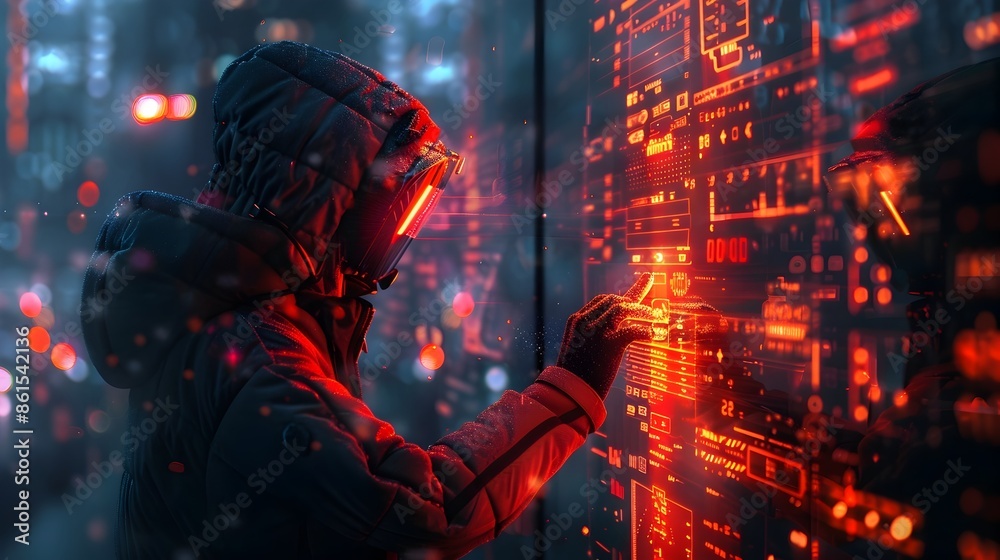 Aufkleber futuristic hacker infiltrating high tech security system with glowing virtual locks and keys