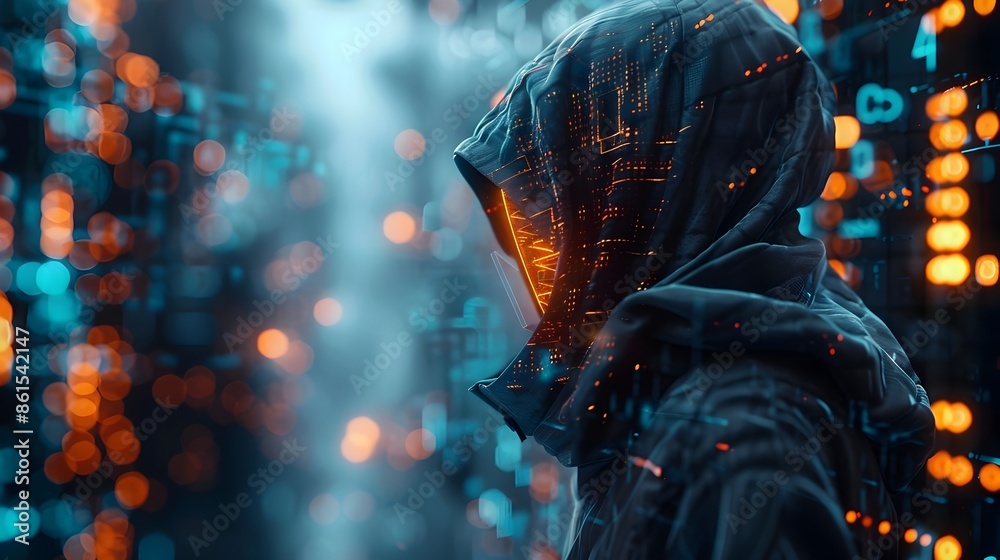Poster futuristic hacker infiltrating a high tech security system with glowing virtual locks and keys