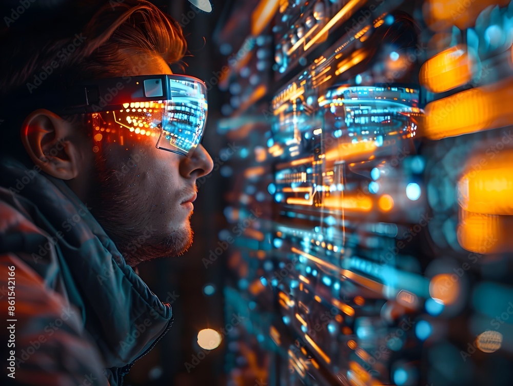 Poster hacker wearing glasses interfacing with digital data streams