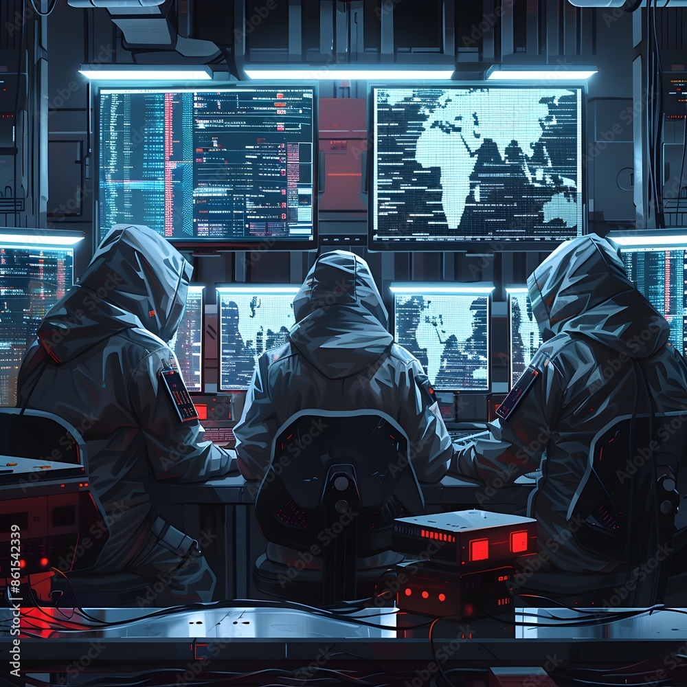 Poster hacker team collaborating in high tech underground lab with advanced technology and monitors