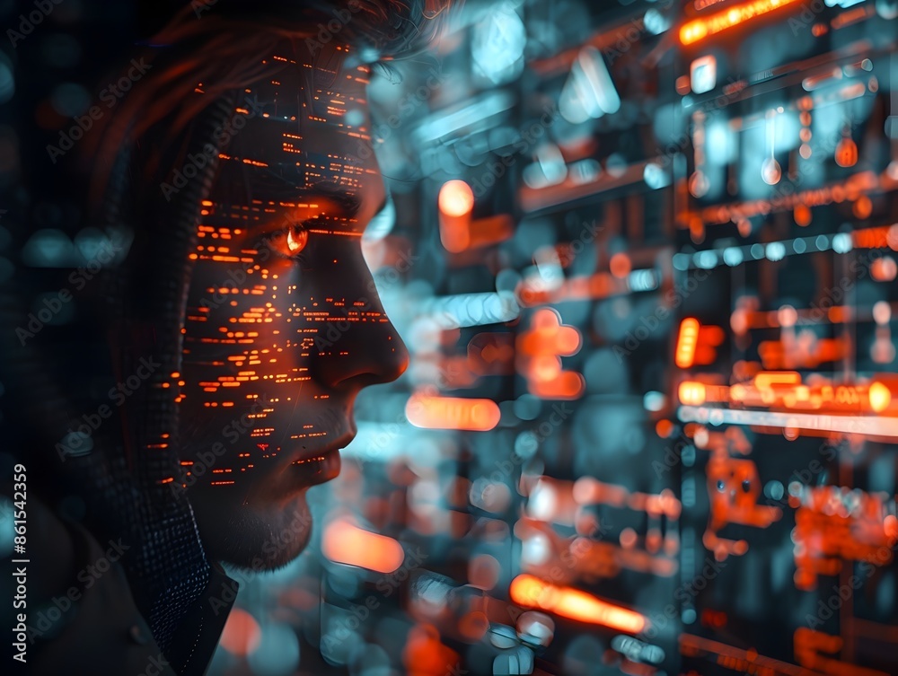 Poster hacker s illuminated face amid screens displaying code and data breaches