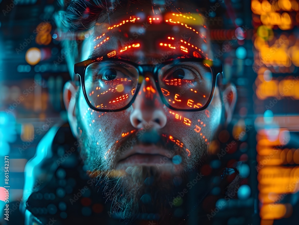 Poster hacker s illuminated face amid screens displaying codes and data breaches digital concept
