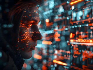 Hacker s Illuminated Face Amid Screens Displaying Code and Data Breaches
