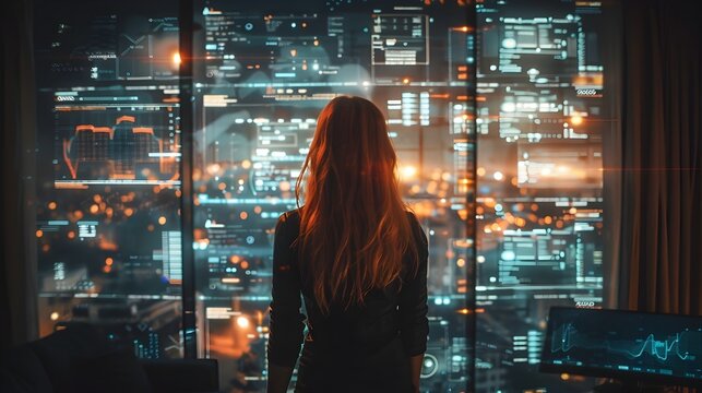Female Hacker Tapping into Corporate Network with Holographic Displays in Futuristic Apartment