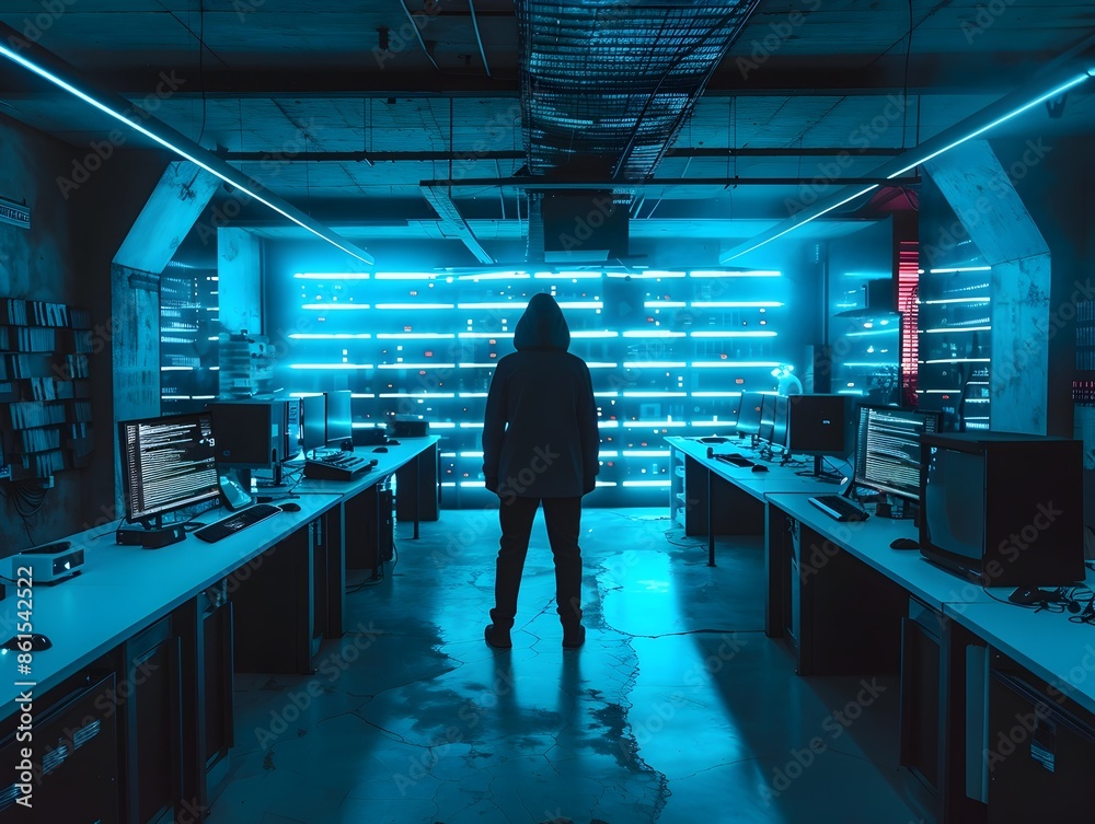 Poster hacker infiltrating a high security facility using advanced tools and devices