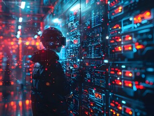 Hacker infiltrating high security facility using advanced tools and devices to bypass systems cybersecurity concept with copy space