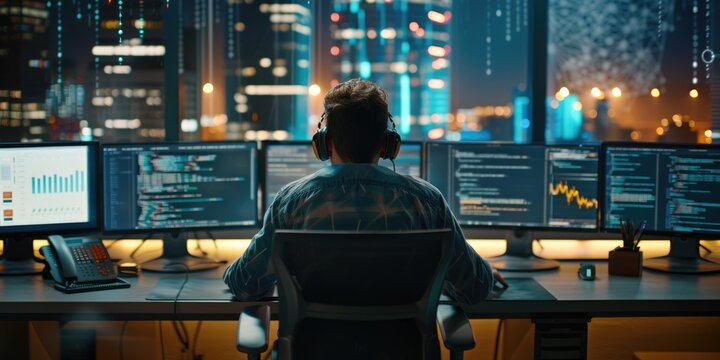 Back view of professional software developer coding program or engineering prompt. Skilled programmer typing computer and laptop while developing system with blurring background. Technology. AIG42.