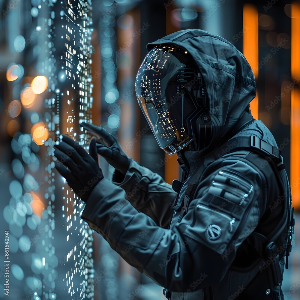 Poster futuristic hacker using wearable tech to manipulate digital data with holographic feedback in moody 