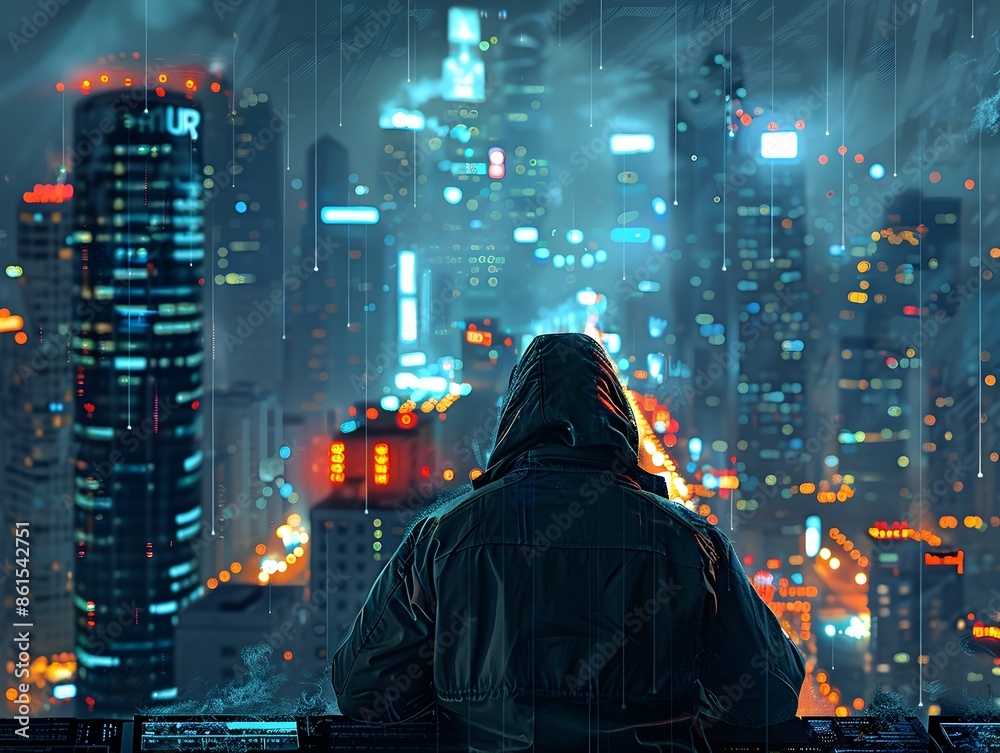Poster hacker accessing corporate mainframe from public terminal with cityscape backdrop