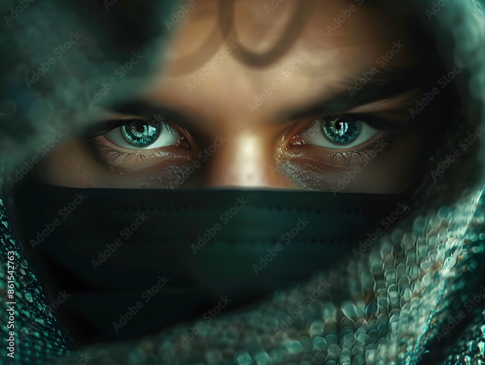 Poster enigmatic hacker s intense gaze fixated on screen filled with cryptic code