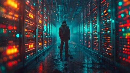 Hacker Infiltrating High Security Server Farm with Glowing Cables and Servers