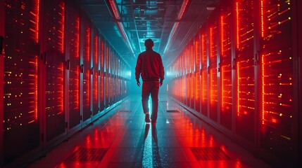 Hacker Infiltrating High Security Server Farm with Glowing Servers and Cables