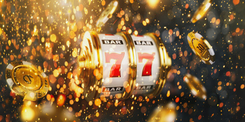 Golden slot machine reels displaying lucky sevens with falling chips