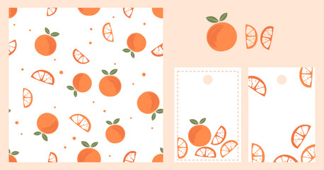 Seamless pattern of orange fruit with green leaves on white background vector. Orange icon, Orange tag signs vector.