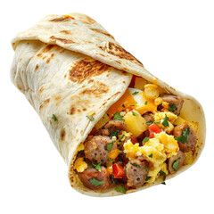 Freshly made breakfast burrito filled with scrambled eggs, sausage, vegetables, and herbs on white background.