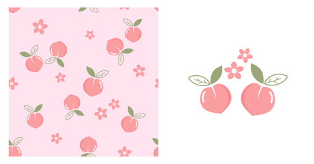 Seamless pattern with peach fruit and cute flower on pink background. Pink peach fruit with green leaves isolated on white background vector.