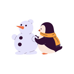 Funny baby penguin makes snowman. Cute north bird builds snow sculpture at winter holidays. Happy polar animal in scarf has fun at Christmas vacations. Flat isolated vector illustration on white