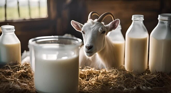 Goat next to bottles of goat milk.