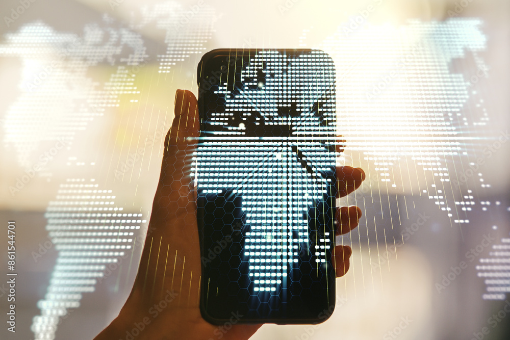 Poster abstract creative digital world map and hand with mobile phone on background, globalization concept.