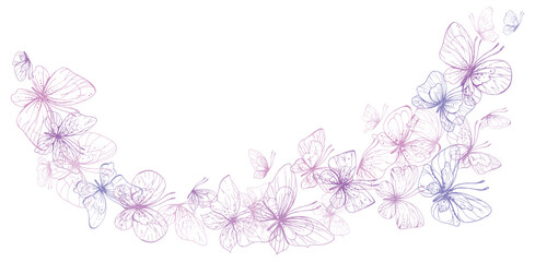 Butterflies are pink, blue, lilac, flying, delicate line art. Graphic illustration hand drawn in pink, lilac ink. Composition stream, template EPS vector.