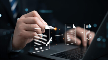 Businessman touches of approve document icon for business process workflow illustrating management...