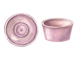 Vintage pink ceramic bowl with matching lid, shown from overhead and side views. Saucer and cup. Watercolor illustration. Perfect for kitchen decor, design, and collectible dishware imagery