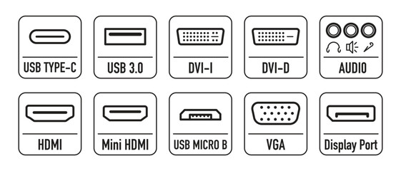 A set of icons Display port, DVI-D, input for mini-jack 3.5, USB 3.0, USB Type-c, USB Micro B, and others.