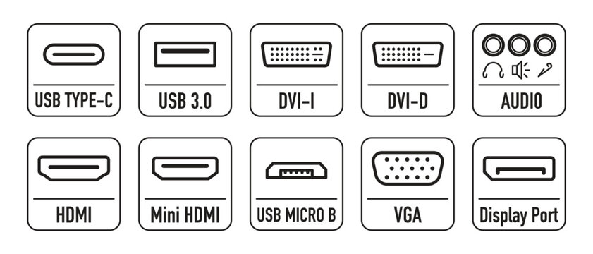 A set of icons Display port, DVI-D, input for mini-jack 3.5, USB 3.0, USB Type-c, USB Micro B, and others.