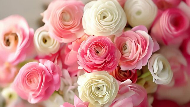 Close up view of pink and white ranunculus flowers