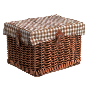 recommend clip art: Wicker picnic basket with checkered cloth on transparent background clipart