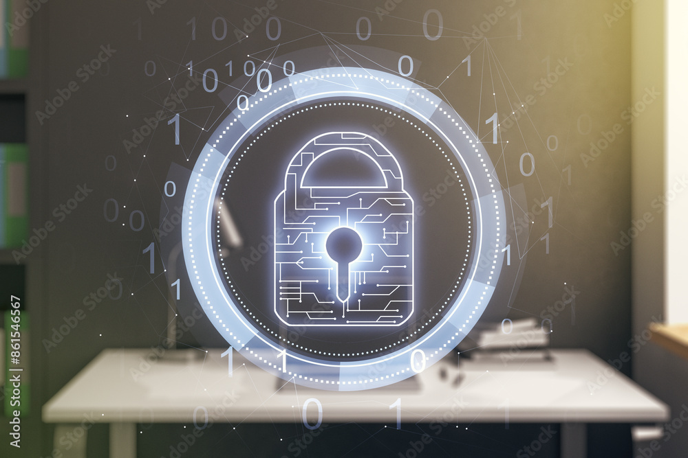 Poster creative light lock illustration with microcircuit and modern desktop with pc on background, cyber s