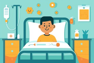 Patient with a smile, lying in a hospital bed with an IV line, positive patient, hospital environment