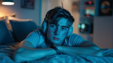 Obraz premium Intense Young Teenage Boy with Headphones in his Bedroom. Generative ai
