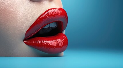 Obraz premium Sexy female 3d lips with red lipstick isolated on blue background banner illustration