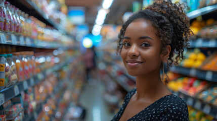 smiling woman shopping in supermarket; african american teenager shopping in grocery store; smiled girl looking directly at the camera; young girl in her 16s 18s 20s 21s in mall; copy space