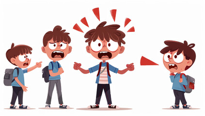 Fototapeta premium Sad Schoolboy with Backpack Surrounded by Pointing Fingers. Concept of School Bullying and Victim Support. bullying at school